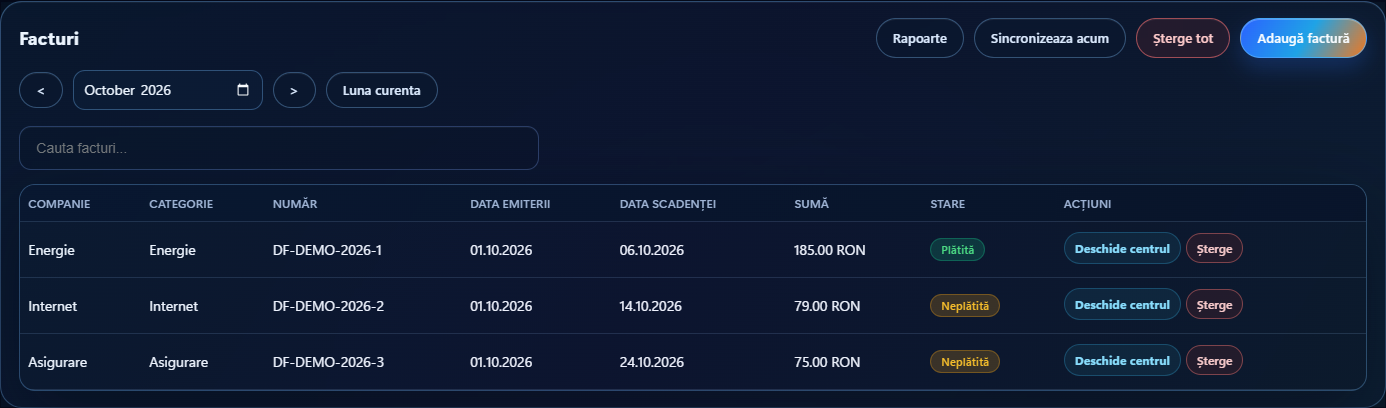 Facturi personale în interfața desktop DueFlux, cu date fictive